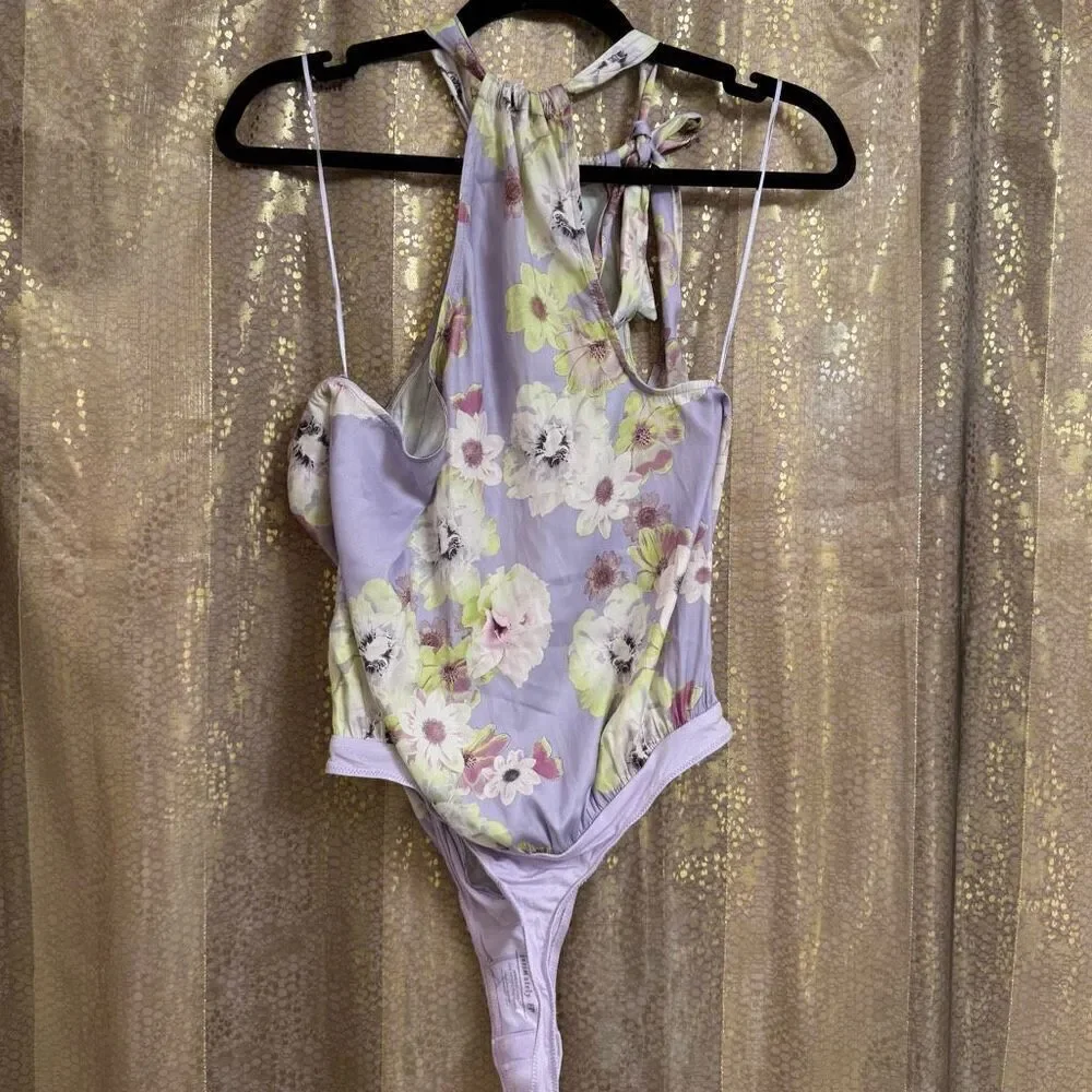 Free People Lavender One Shoulder Floral Silky Tie Shoulder Bodysuit Small NWOT